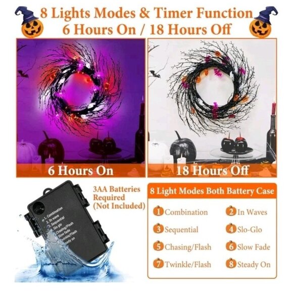 7 Ft 63 LED Halloween Willow Vine Twig Garland with 8 Modes Timer Orange Purple - Picture 5 of 6